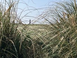 A lighthouse visible through grass at Seadrift Bush Estate near Happisburgh