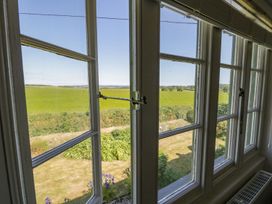 A window showing a view of grass and plants at Ty Mawr Farm in Llanfairpwllgwyngyll