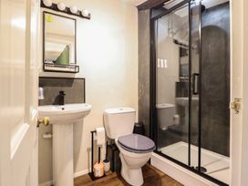 A bathroom with a sink, toilet, and shower at Plas Dolguog in Machynlleth