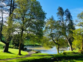 A lakeside view with trees and a bench at Lakeview Villa near Liskeard