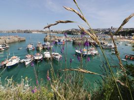 A harbor with boats and flowers in the foreground at La Casita in Newquay