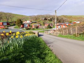 A view of red huts and a road with yellow flowers at Chalet 23 Erw Porthor Tywyn