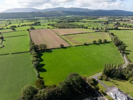 An aerial view of green and brown fields with trees and a road at Ballyneill Farmhouse in Carrick-On-Suir, County Tipperary