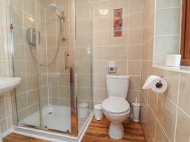 A bathroom with a shower, toilet, and sink at West Down Country House in South Molton
