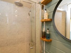 A bathroom with a shower and soap dispensers at Daisy Shepherd's Hut South Molton