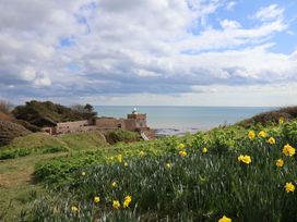 A coastal view with a building and flowers at 4 Peaslands Road Sidmouth