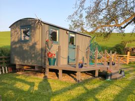 A shepherd's hut with decking and plant pots at The Peacock Shepherds Hut at Hafoty Boeth Corwen