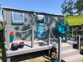 An outdoor area with a hanging chair and flower pots at The Peacock Shepherds Hut at Hafoty Boeth, Corwen