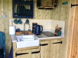 A kitchen area with sink and cooking hob at The Peacock Shepherds Hut at Hafoty Boeth Corwen
