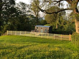 A hut surrounded by grass and trees at The Peacock Shepherds Hut at Hafoty Boeth, Corwen