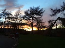 A sunset with trees and a bench at Converted Stone Barn -20 Acres - Farm Animals! in Corwen