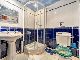 A bathroom with a sink, shower, and toilet at Converted Stone Barn -20 Acres - Farm Animals! in Corwen