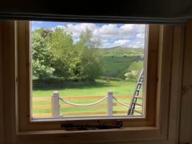 A view through a window showing trees and a field at The Shepherds Hut at Hafoty Boeth in Corwen