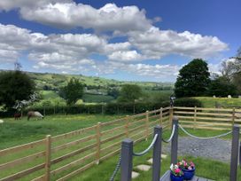 A view of the countryside with grass and a fence at The Shepherds Hut at Hafoty Boeth Corwen