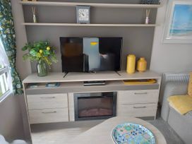 A living room with a television and a plant at Blue water 3 Beverley Bay Static Caravan in Paignton