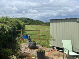 A garden with a horse in a field and a shed at Shepherd Hut in Gloucester