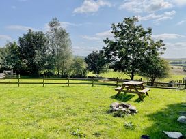 A garden with trees and a picnic table at Cwt Tyddyn Shepherd's Hut in Corwen