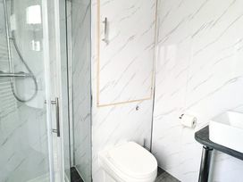 A bathroom with a shower, toilet, and sink at Cwt Tyddyn Shepherd's Hut in Cefn Brith near Cerrigydrudion