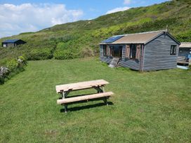 A picnic table and shed in a grassy area at The Cabin 