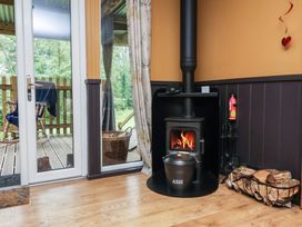 A living room with a wood stove and fire burning at Owls Nest Lodge South Molton