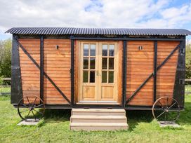 A wooden structure with double doors and steps at The Damselfly in 