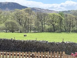 A view of sheep grazing in a field with trees and mountains at Pandora in Holmrook