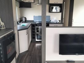A kitchen with appliances and a television at Beverley Bay Holiday Park - Holiday Accommodation 333, Paignton