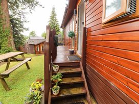 Steps leading to a wooden lodge with plants and a picnic table at Jodene Lodge, Redwood 2 Bowness-On-Windermere
