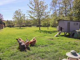 A garden with chickens and a chicken coop at The Annexe at Dalby Carr