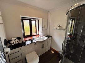 A bathroom with a sink, toilet, and shower at Cottage with mountain and sea views, Anglesey