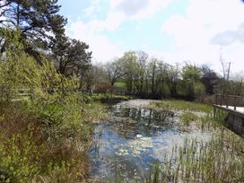 A pond surrounded by grass and trees at Riverside cottage with otters near Tintagel