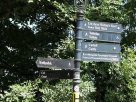 A signpost indicating directions to Town Wall Walk, Toilets, Castle, and Quay at 3 Newboro Terrace Conwy