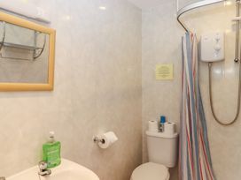 A bathroom with a shower, toilet, and a mirror at Apartment 4 in Torquay