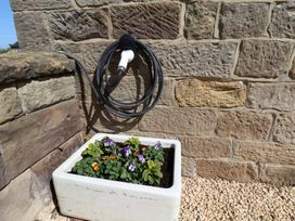 A flower pot with colorful flowers near a wall at Little Holm Garth