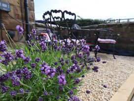A garden with lavender plants and metal outdoor chairs at Little Holm Garth in Whitby
