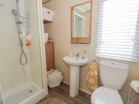 A bathroom with a shower, sink, and toilet at 51 Silverbirch Way Rhyl