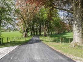 A winding road surrounded by trees and grass at Brettargh Holt Mansion near Levens