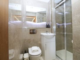 A bathroom with a shower, sink and toilet at Apartment 1, Bryn Mel Manor Menai Bridge