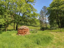A firewood stack surrounded by grass and trees at Daffodil Cottage in Blaencwm near Treorchy
