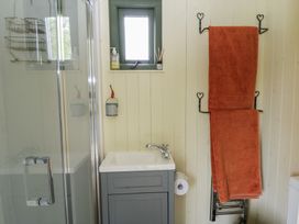 A bathroom with a shower, sink, and towel rack at The Three Spaniels Shepherds Hut in Cwrtnewydd near Llanybydder