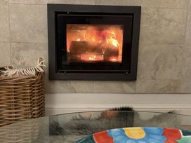 A fireplace with flames and a glass table at Dart Views Dartmouth
