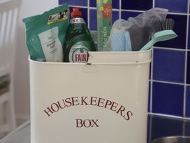 A container with cleaning supplies in a kitchen at Dart Views Dartmouth