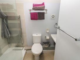 A bathroom with a toilet and shower at The Gallops in Barry
