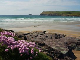 A beach with flowers and rocks at Trehaverock Cottage St. Endellion near Port Isaac