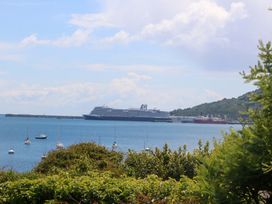 A view of a cruise ship and cargo ship in the water with yachts at Little Gem in Weymouth
