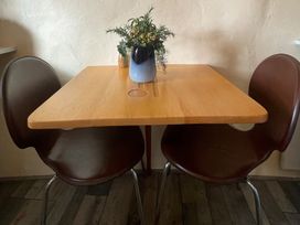 A table with two chairs and a vase with a plant at Little Linney Sleeps 2 Garden Parking Wifi in Hartland