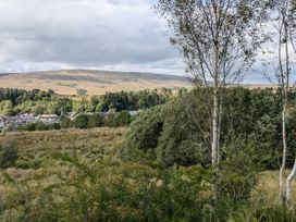 A view of hills and houses with trees in the foreground at Pet Friendly - Lodge at Riverview Holiday Park Mangerton near Newcastleton
