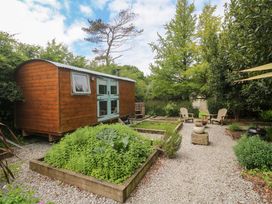 A wooden cabin and garden area at Shepherds Hut in Truro