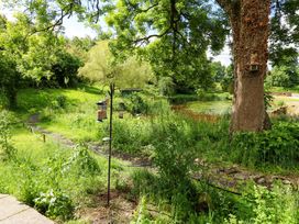 A garden with bird feeders and a pond at Bull Rush Cabin in Carwinley near Longtown