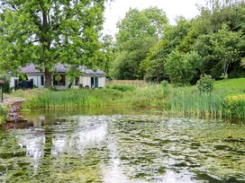A house near a pond with trees and grass at Bull Rush Cabin Carwinley near Longtown
